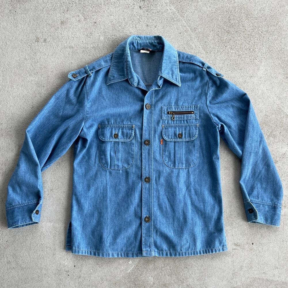 Vtg 70s Levis Orange Tab Mens Shoulder Strap Thick Button Shirt work